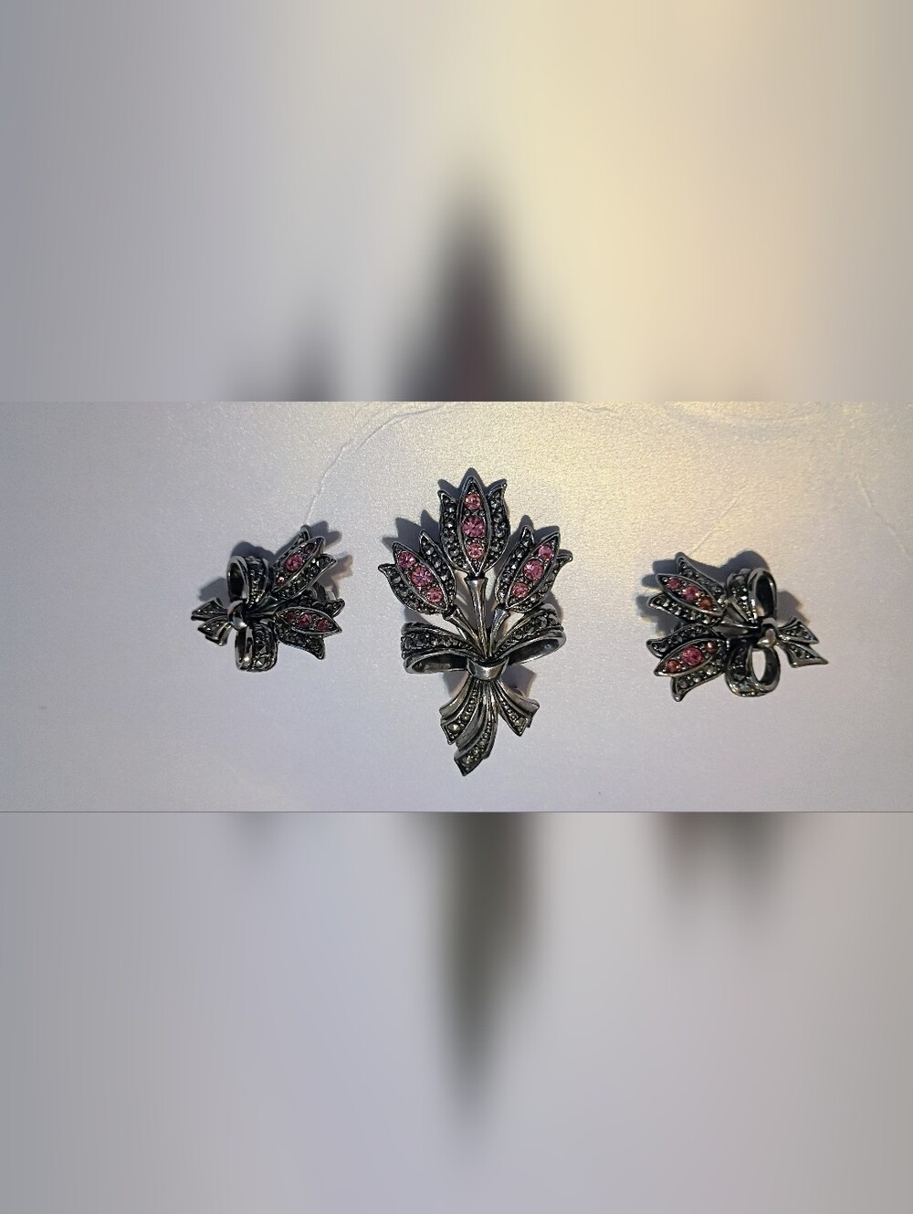 Avon Silver Tone Pink Crystal Floral Brooch and Earring Set